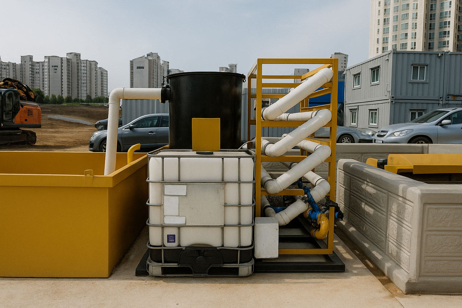 Camión rojo de plataforma larga transportando un gran decantador amarillo de la marca 'SYVERTECH' para el tratamiento de aguas residuales complejas, estacionado en una calle urbana con edificios y cielo despejado al fondo. - ver detalles