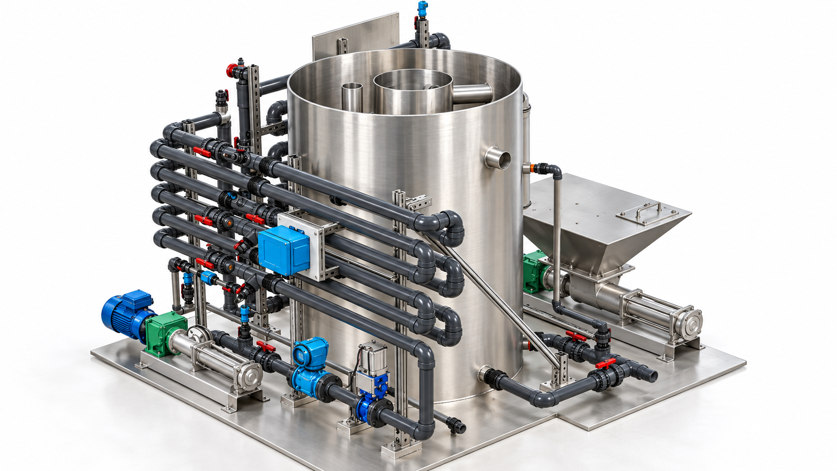 Render isométrico del sistema DAF circular con accesorios y tablero